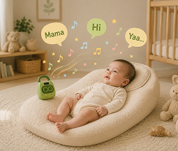 Bé nằm nghe âm thanh tiếng Anh